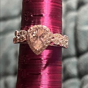 Moissanite Pear-Shaped Halo Engagement Ring in Silver with Clear Stones